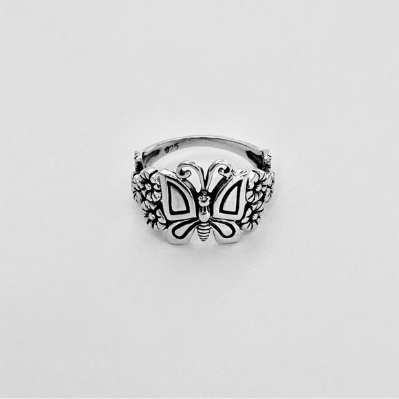 Sterling Silver Statement Butterfly and Plumeria Ring, Flower Rings, Bug Jewelry - Picture 7 of 13